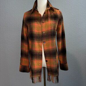 NARA CAMICIE Chocolate Brown & Pumpkin Orange Plaid Fringed Fall Shacket Jacket